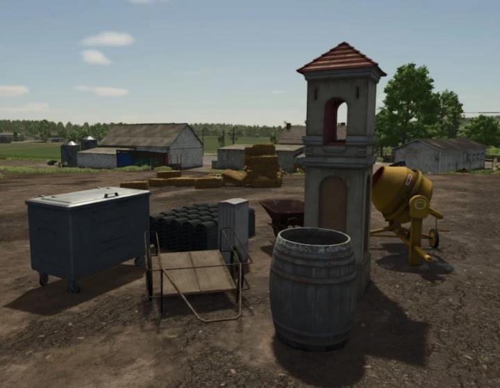 fs25-mods, FS25 Decorations Pack v1.0.0.0 showcasing various farm objects including barrels, a cement mixer, and other tools. Farming Simulator 25 mods.