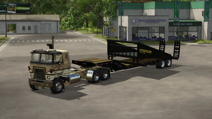 fs25-mods, FS25 HydraGate v1.0.0.0 mod in Farming Simulator 25 features a heavy-duty truck and trailer parked by a tractor center.