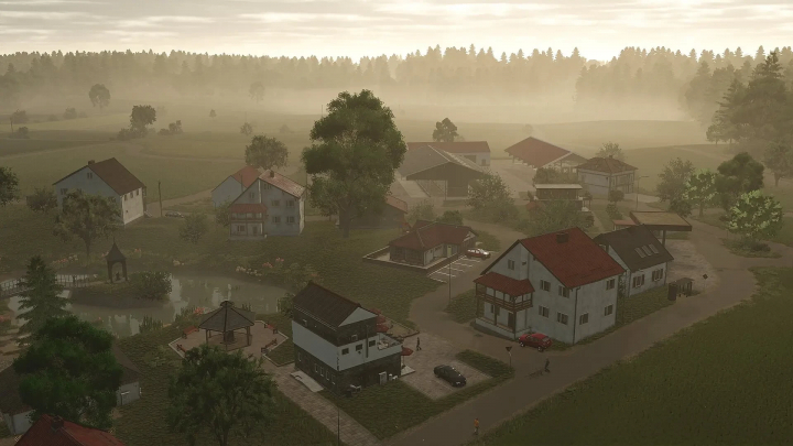 fs25-mods, Scenic view of the FS25 Oberschwaben Map showing a rural village with houses, trees, and a pond in Farming Simulator 25 mod.