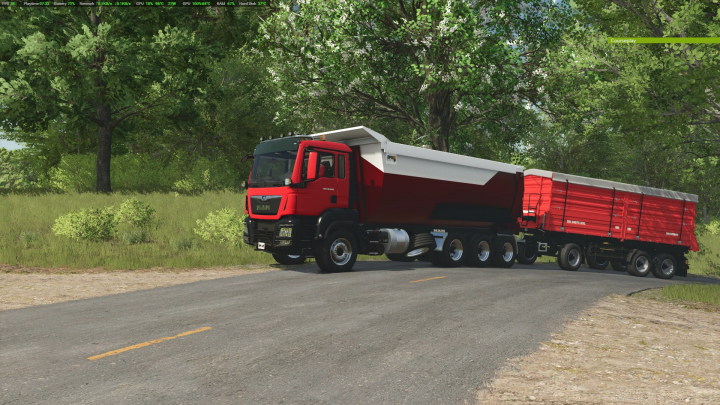 fs25-mods,  FS25 mod TGSMan Dumper v1.0.1.0 showcasing a red dump truck on a rural road in Farming Simulator 25.