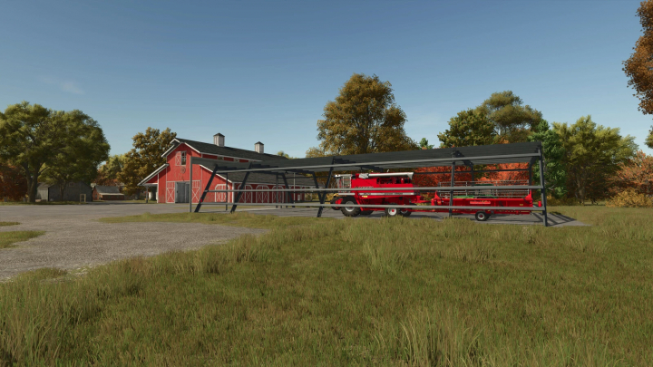 fs25-mods, Farmlander Shed mod in FS25 with a red barn and farming equipment under a shelter.