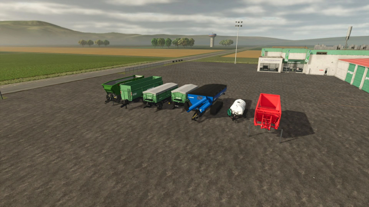 fs25-mods, FS25 FunFarm ModPack v1.0.0.0 showing various trailers on a farm lot, enhancing Farming Simulator 25 gameplay.