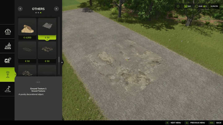 fs25-mods, FS25 Ground Textures mod v1.0.0.0, showing a textured dirt path in Farming Simulator 25 game interface.