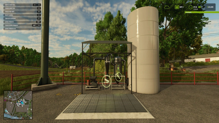 fs25-mods,  FS25 Hemp Production System Palletizer mod with storage tank in scenic farm setting.