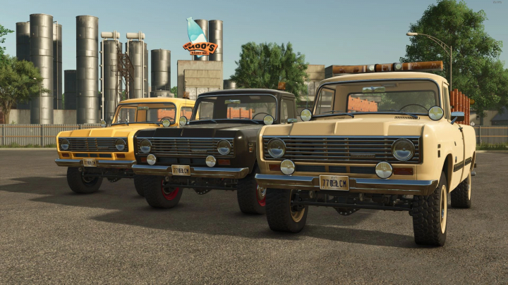 fs25-mods,  Three International Series 200 trucks in Farming Simulator 25 mod, parked near industrial buildings.