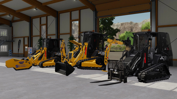 fs25-mods,  FS25 mods: JCB1 CXT v1.0.0.0 vehicles in a garage, showcasing construction equipment in Farming Simulator 25.