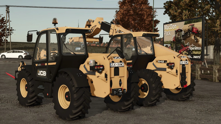 fs25-mods, JCB 542-70 mod in Farming Simulator 25 showcasing two yellow loaders on a farm with a MacDon advertisement.