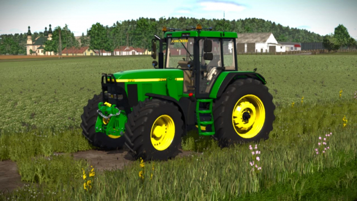 fs25-mods, John Deere 7810 mod in Farming Simulator 25 showcasing a green tractor in a field.