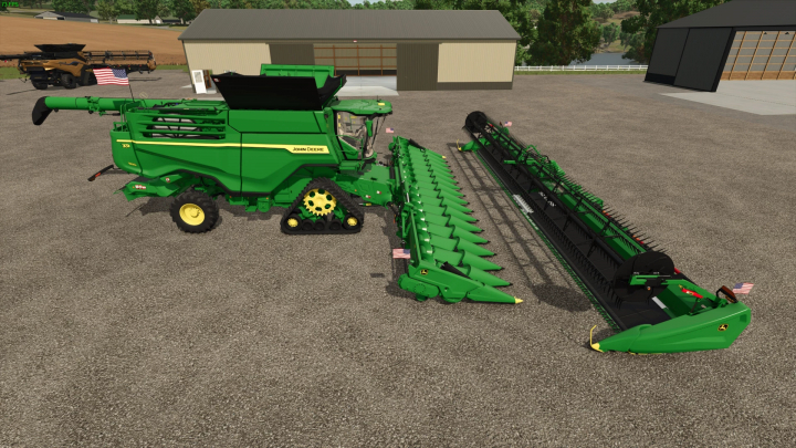 fs25-mods,  John Deere X9 1100 Pack in Farming Simulator 25, features detailed green harvester and attachments.