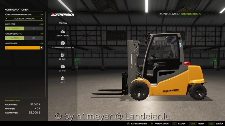 fs25-mods, Jungheinrich EFG S50 forklift mod v1.1.0.0 in FS25, displaying configurations and specifications in a virtual warehouse.