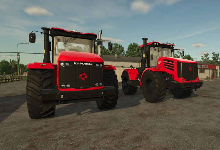 fs25-mods, Two red Kirovets tractors from K7 Series Pack for Farming Simulator 25. FS25 mods enhance gameplay with realistic equipment.