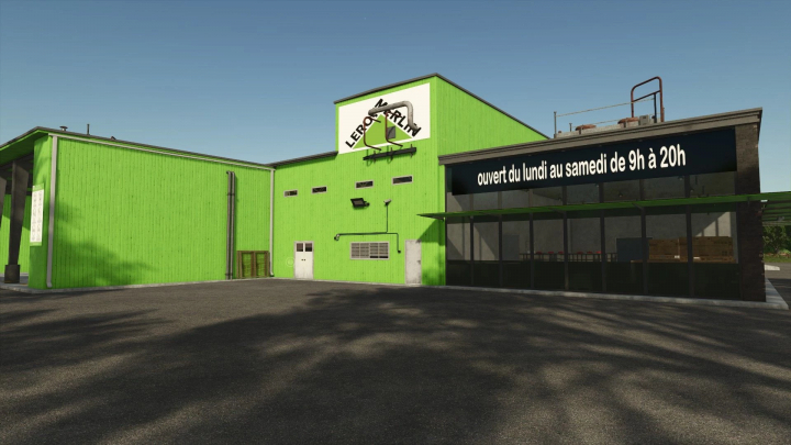 fs25-mods,  Green Leroy Merlin building mod in FS25, open Monday to Saturday from 9am to 8pm.