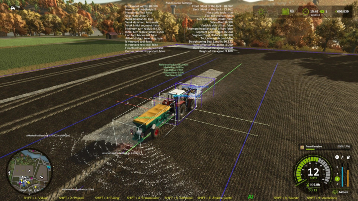 fs25-mods, FS25 mod Lizard RCW 5 v1.0.0.0 in use, depicting a tractor on a field with overlay settings active.