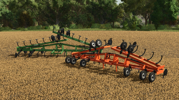 fs25-mods,  FS25 mods Lizard SM 72 and 82 in a field, featuring green and orange cultivators ready for tilling in Farming Simulator 25.