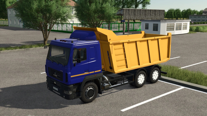 fs25-mods,  MAZ-6501 Dump truck mod in FS25, featuring a blue cab and yellow dump body.