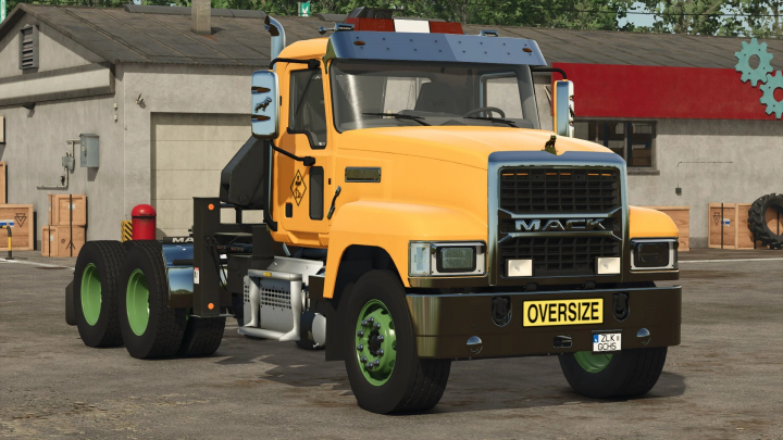 fs25-mods,  Mack Trucks Pack mod for FS25 featuring a yellow truck with 'Oversize' sign.