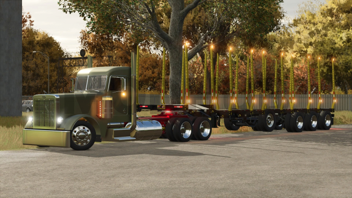 fs25-mods,  FS25 mod Manac Powerwing v2.5.3.0 showing a green truck with logging trailer in a scenic setting.