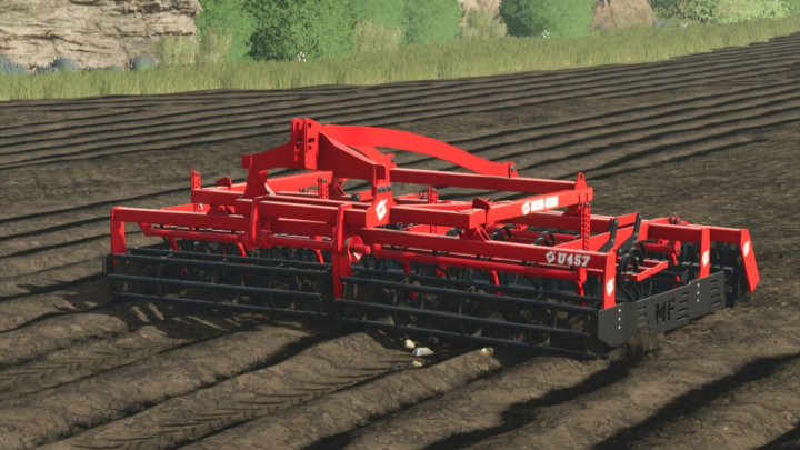 fs25-mods, Massey Ferguson U457 mod for FS25, featuring a red agricultural machine on a freshly tilled field in Farming Simulator 25.