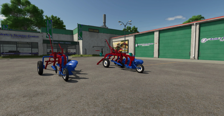 fs25-mods, McCormick Deering Little Genius Plows in FS25 mod displayed outside Axle's Tractor Center.