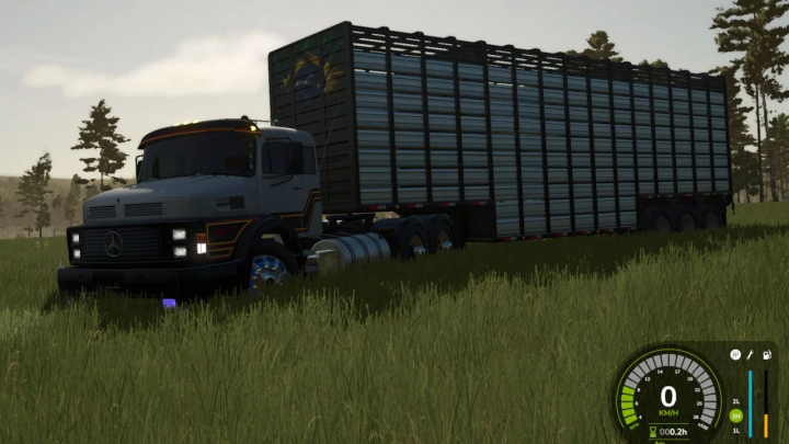 fs25-mods,  Mercedes Benz 1933 Terezona mod in FS25, showcasing a truck with a large trailer in a grassy field.