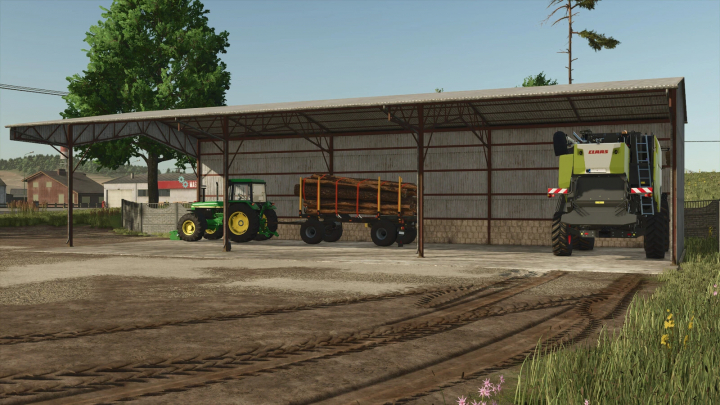 fs25-mods,  FS25 Metal Shed mod showcasing a tractor, log trailer, and harvester under a metal shelter.