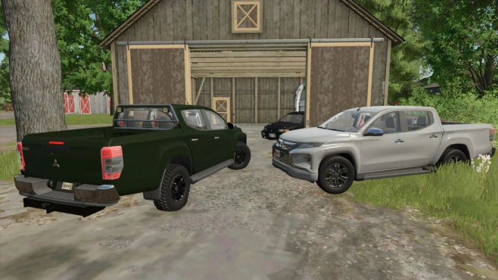 fs25-mods,  FS25 mods Mitsubishi L200 2020 parked by a barn, showcasing vehicle details in Farming Simulator 25.