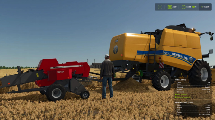 fs25-mods, FS25 mods: New Holland TC5 Series v1.0.0.0 harvesting wheat with red Massey Ferguson machine.