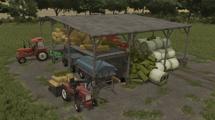 fs25-mods,  Image of Old Shed mod in FS25, featuring tractors and hay bales stored under a rustic shelter.