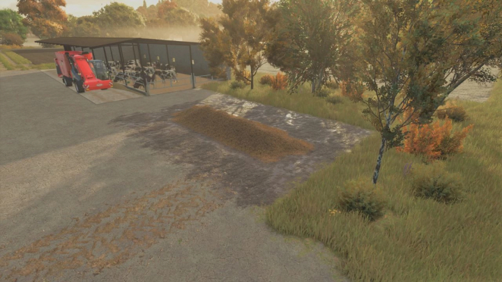 fs25-mods, Open Manure Heap mod for FS25 showing a pile of manure next to a barn and cows.