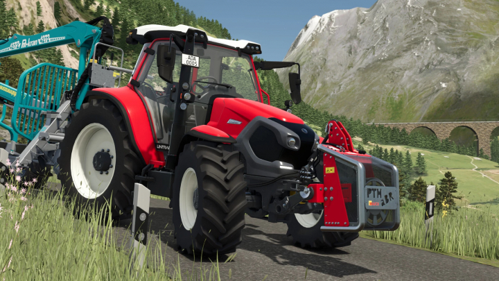 fs25-mods, FS25 mod PTH ABR 600 v1.0.0.0 showing a red tractor with attached machinery in a mountain landscape.