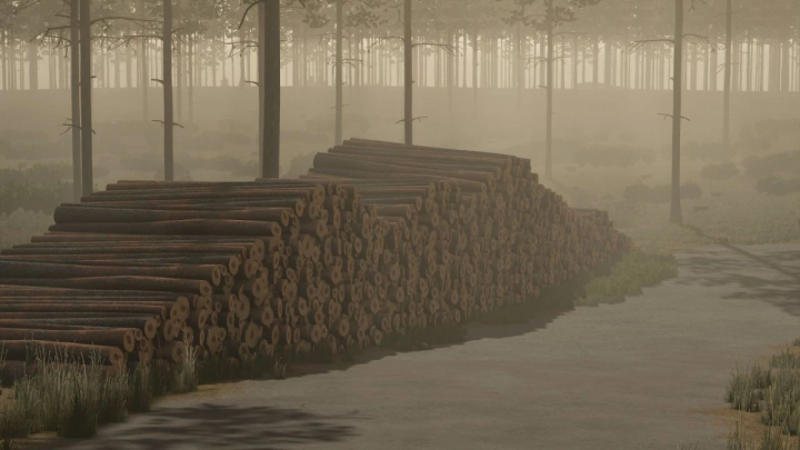 fs25-mods, Logs stacked in a misty forest setting in the Pinewood Forest mod for FS25.