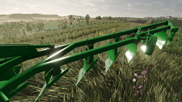 fs25-mods,  Green plow from Polish Plows Pack v1.0.0.0 mod in FS25, depicted in a lush field.