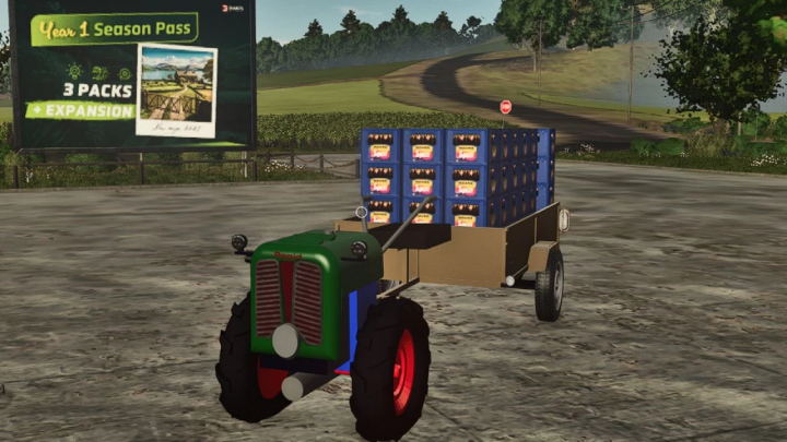 fs25-mods, FS25 mod Rapid Special 12hp Speci v1.0.0.0, featuring a vintage tractor with a load of crates in Farming Simulator 25.