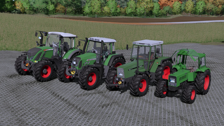 fs25-mods,  Four Fendt tractors on a paved surface in FS25 with Realistic Sound Pack mod.