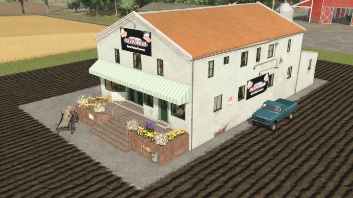 fs25-mods,  FS25 mod Reis Chips Factory showing a building with a truck parked beside it, surrounded by fields.