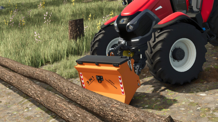 fs25-mods,  Saga Log Shield v1.0.0.0 mod in FS25 showcasing a tractor with an orange log shield attachment.