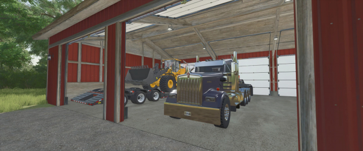 fs25-mods,  FS25 Slime Ball's Shed Pack v1.0.0.0 featuring a large shed with trucks and equipment inside.