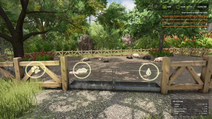 fs25-mods, FS25 Small Pig Pasture with Wooden Fence and AutoWater system, pigs grazing within fenced area.