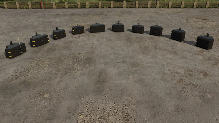 fs25-mods,  Tenwinkel Weight Pack v1.0.0.0 mod for FS25, displaying a set of tractor weights on gravel.