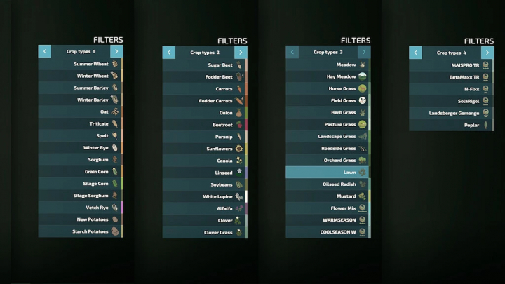 fs22-mods,  FS22 TerraLifePlus mod crop type filters screen for Farming Simulator 22. Shows various crops like wheat, barley, and soybeans.