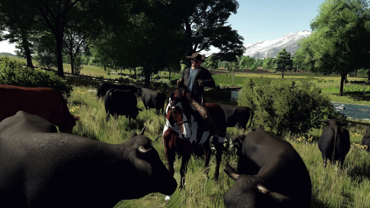 fs22-mods,  FS22 mod 'The Ranch, Colorado v2.0.0.0' image with rider on horseback among cows in a lush, mountainous landscape.