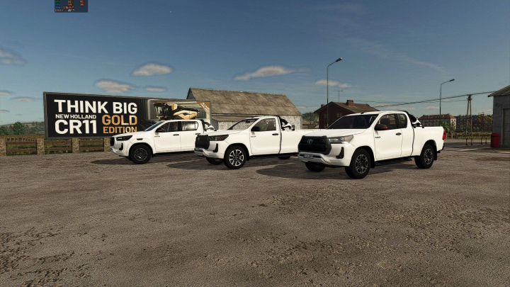 fs25-mods,  Toyota Hilux 2016-2021 mod for FS25 displayed in a farm setting with three white trucks parked.