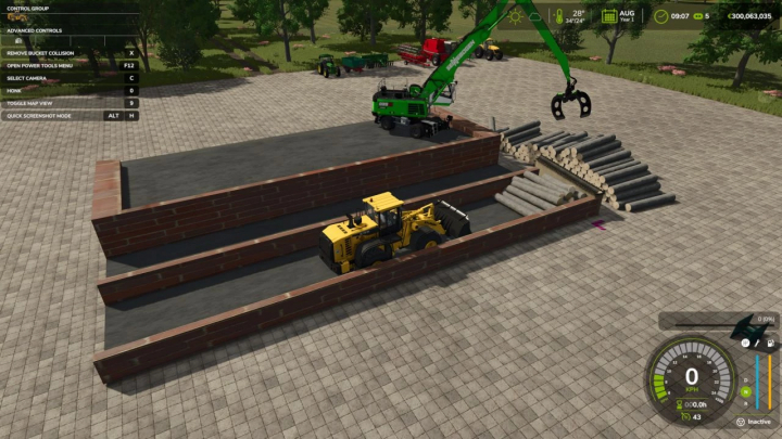 fs25-mods, FS25 Trees storage 4m wide mod showing logs and machinery on a paved area.