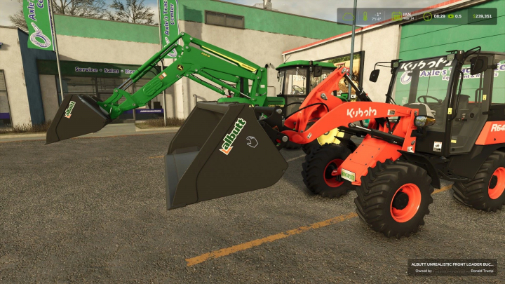 fs25-mods, FS25 mods: Unrealistic Front Loader Bucket v1.0.0.0 on tractors at a dealership in Farming Simulator 25.