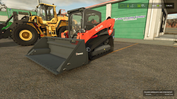 fs25-mods, FS25 mod screenshot of Unrealistic Skid Steer Loader Bucket at Axle's Tractor Center.