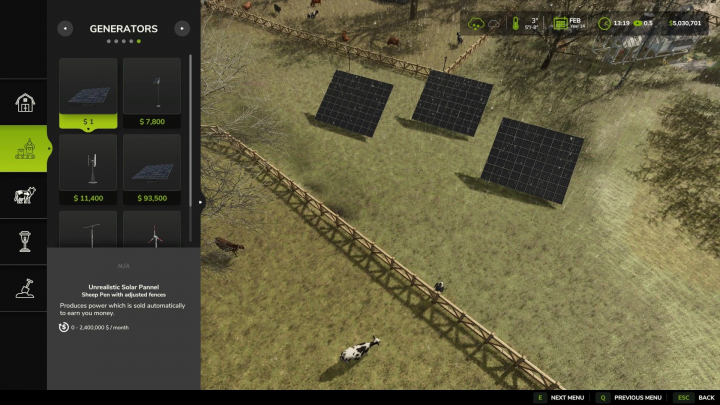 fs25-mods,  FS25 mod Unrealistic Solar Panel v1.0.0.0, showing solar panels and farm animals in a field, generating power for income.