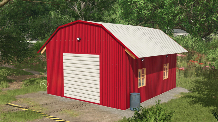 fs25-mods, Red Workshop Shed mod for FS25, featuring a metal exterior and white door, set in a lush green landscape.