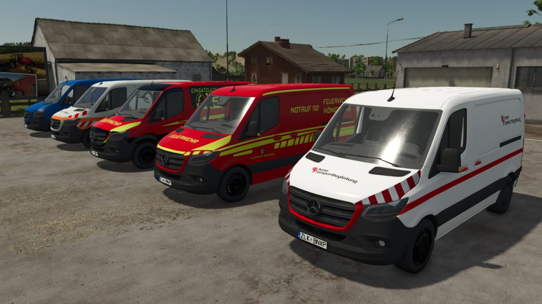 FS25 mods showcase: 2018 Mercedes-Benz Sprinter Pack with various designs parked outside building.