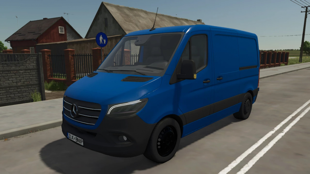 2018 Mercedes-Benz Sprinter van mod in FS25. Blue vehicle parked on a road, part of Farming Simulator 25 mods.