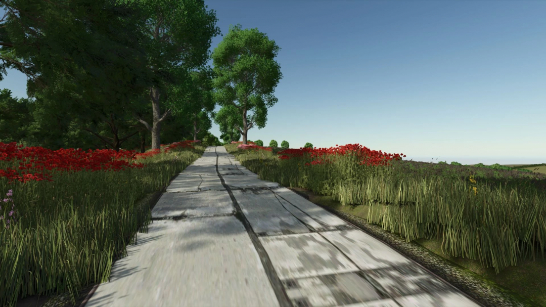 Scenic farm path with lush trees and red flowers in Farming Simulator 25 mod 3 dvory v1.3.0.1.